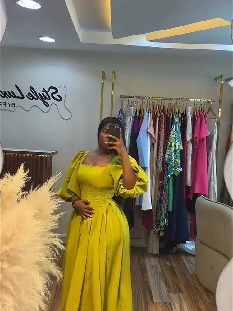 Wmstar Dress Wholesale 2025 Summer New Style Sweet Fresh Square Neck Corset Waist Tie Lantern Sleeve A Line Long Dresses