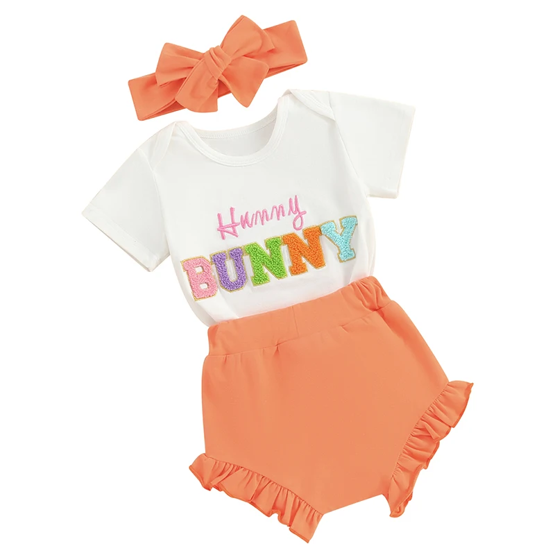 

Newborn Baby Girl Easter Clothes Hunny Bunny Short Sleeve Romper Pompom Shorts Headband Sets Summer Outfit