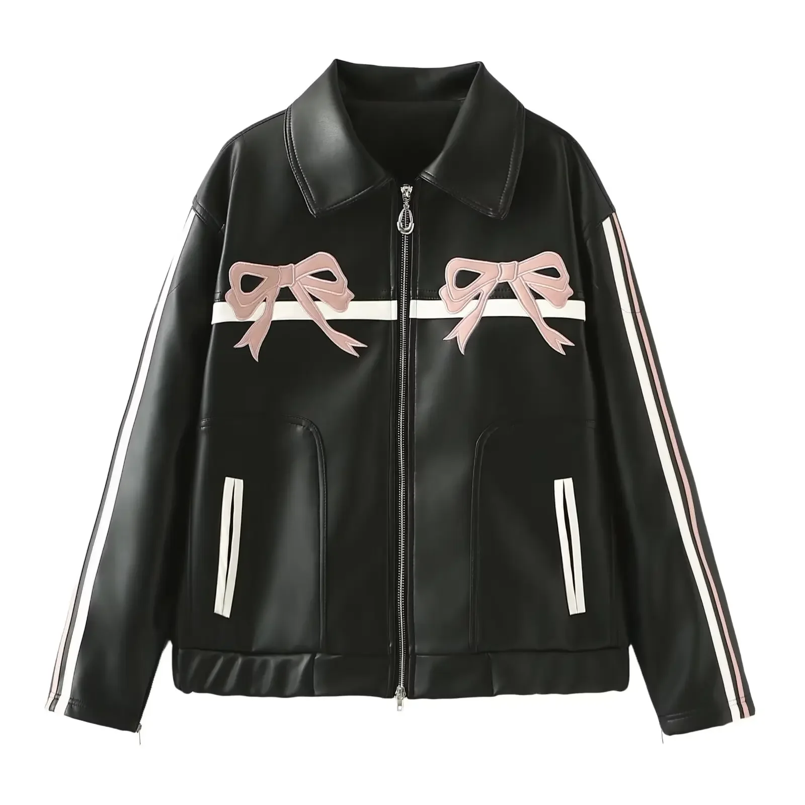 2024 New women's sweet cool bow retro black leather jacket to show off your sexy figure
