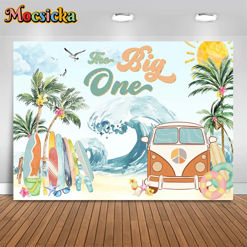 

Mocsicka summer photography background waves surfboard palm tree decor backdrop holiday birthday party kids photo studio banner