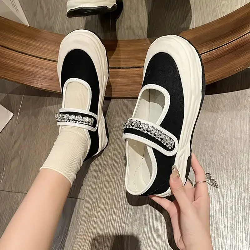 

Женские Парусиновые Туфли Мэри Джейн, готическая обувь на плоской подошве с кристаллами, без застежек, в японском стиле, стиль Лолита