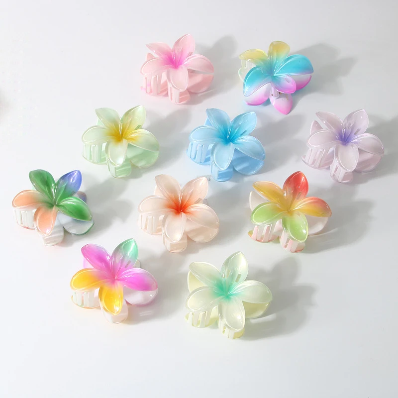 8cm 새로운 대형 진주 빛 달콤한 그라데이션 아크릴 frangipani 머리핀 상어 클립 머리핀 헤어 액세서리