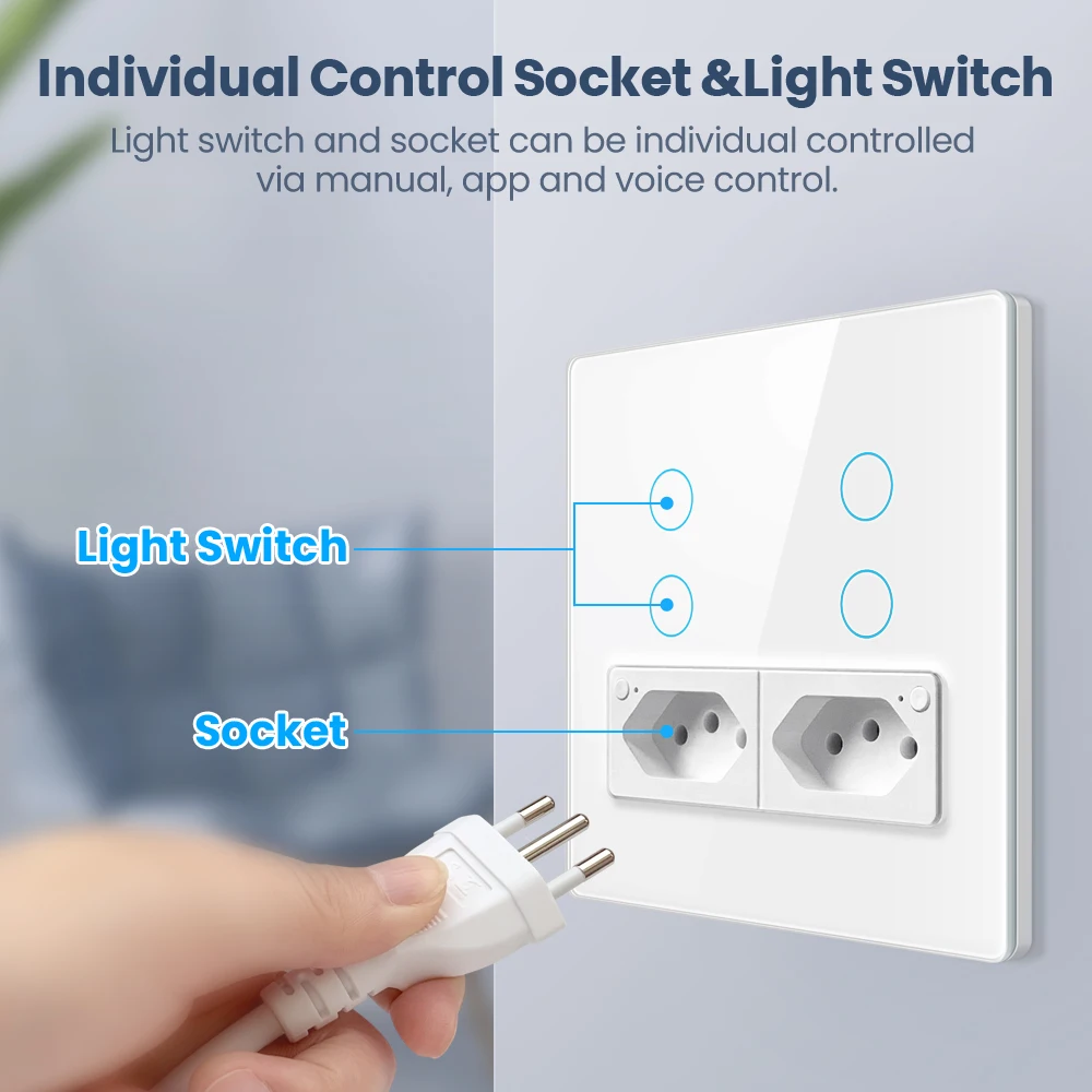 Description Picture 6 of itemAVATTO Tuya WiFi Wall Switch & Socket, 4X4 Glass Panel 4 Buttons Brazil Smart Light Switch Works With Alexa Google Home Ailce
