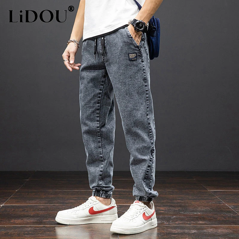 

2023 Spring Summer New Solid Color Cowboy Pencil Pants Man Elastic Waist Drawstring Pockets Fashion Casual Street Haren Trousers