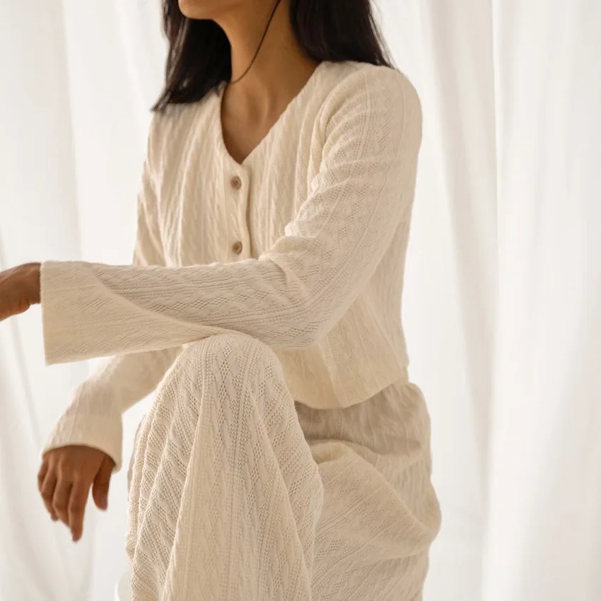 Simple Warm Knit Sleepwear Suit Cardigan V-Neck Stripe Women Home Pajamas Long Sleeve Casual Pants Two-piece Quilted Nightgown