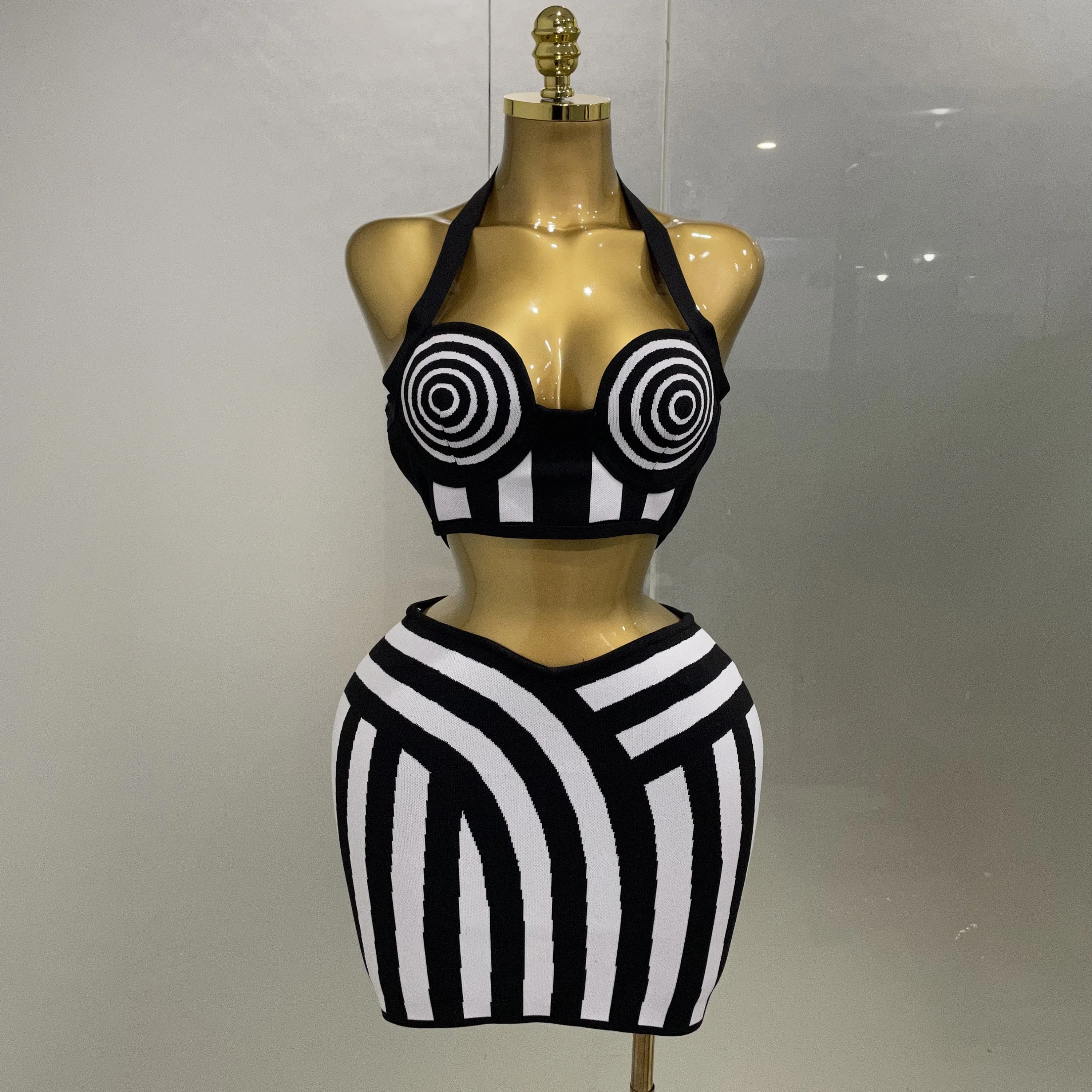 Designer Evening Party Birthday Dress Women Celebrity Sexy Jacquard Black White Two Piece Bodycon Striped Bandage Skirt Set