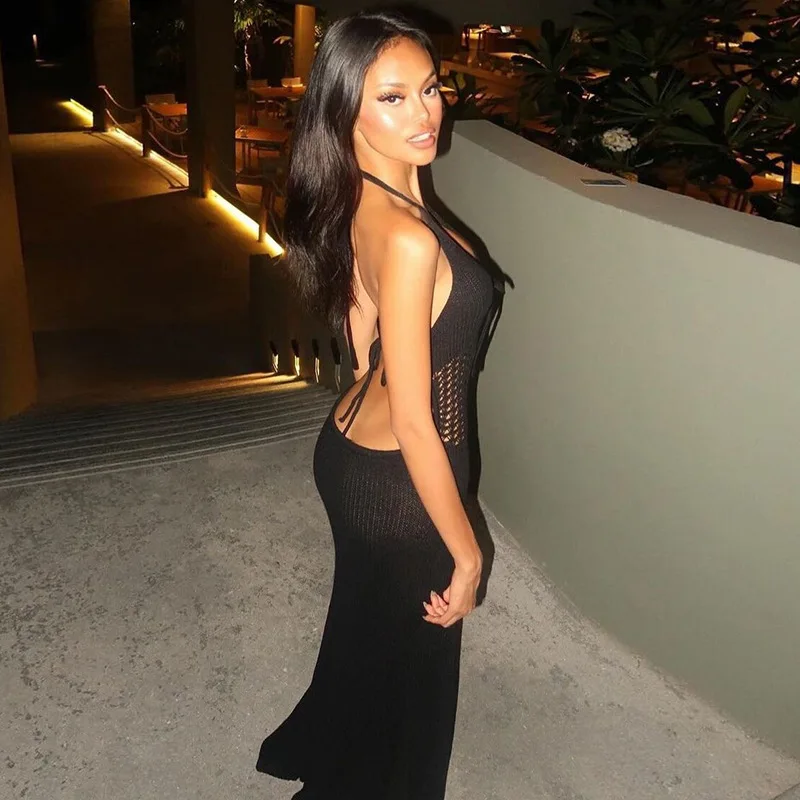 Sexy Sleeveless Bodycon Evening Dress For Women Autumn New Fashion Hanging Collar Low Cut Backless Knitted Hollow