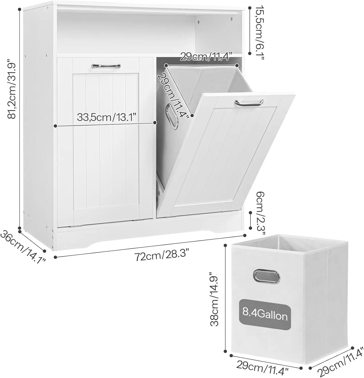 Double Tilt Out Laundry Hamper Cabinet with Open Shelving and 2Removable Baskets Farmhouse Bathroom Cabinet with Hidden Laundry