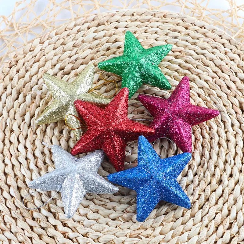 (6PCS/bag) 7.36CM Sparkling Pink Pentagram Christmas Tree Pendant for New Year Celebration with Design Sense