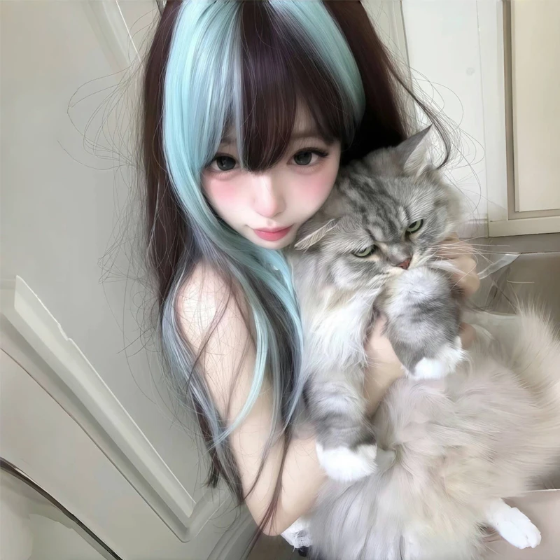 Synthetic Women Wigs 26inches Long Straight Hair Wig Mint Green Highlighted Wig with Hair Bangs for Women Daily or Cosplay Use