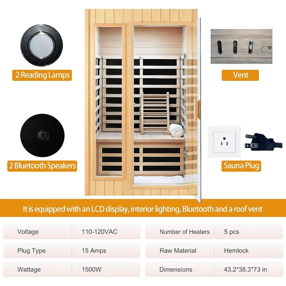 2 Person Sauna,Low EMF Far Infrared Sauna, 1500W Hemlock Wood Sauna Indoor Sauna Infrared Sauna for Home with Bluetooth Speakers 6