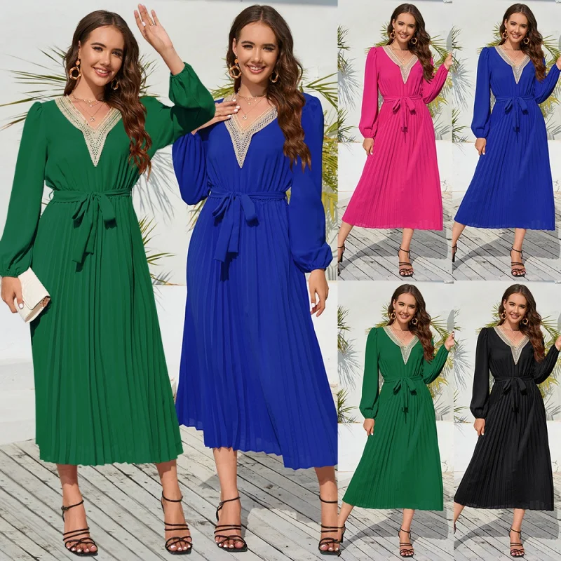 

Autumn and Winter Women's Clothing New Fashion Slim TemperamentVCollar Lace Pleated Dress Mid-LengthALine Skirt Explosion
