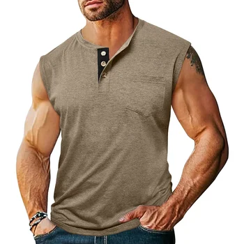 2025 Cross-Border Men's Sleeveless Wide Shoulder Vest Henry Collar Button Fitness Sport Top Chinese Brand Malewear Vest