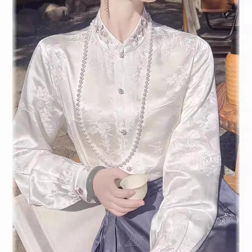 

Рубашка в китайском стиле, женская рубашка из жаккарда и шелка тутового шелкопряда с вышивкой для ранней весны, белая