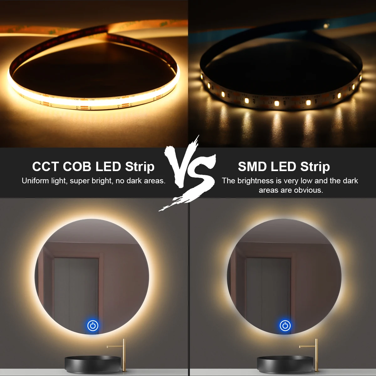 조광 미러 터치 센서 스위치, CCT COB LED 스트립 라이트, 테이블 미러 백라이트 테이프 램프에 변경 가능, 24V, 2700K 6500K
