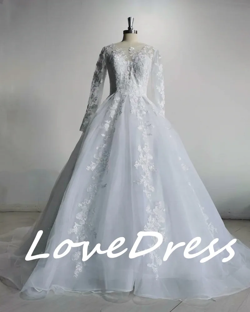 Customized Luxury Pink Long Sleeve Wedding Dress Ball Gown Lace Appliques O-Neck Button Royal Train Bride Gowns Vestido Princess 5
