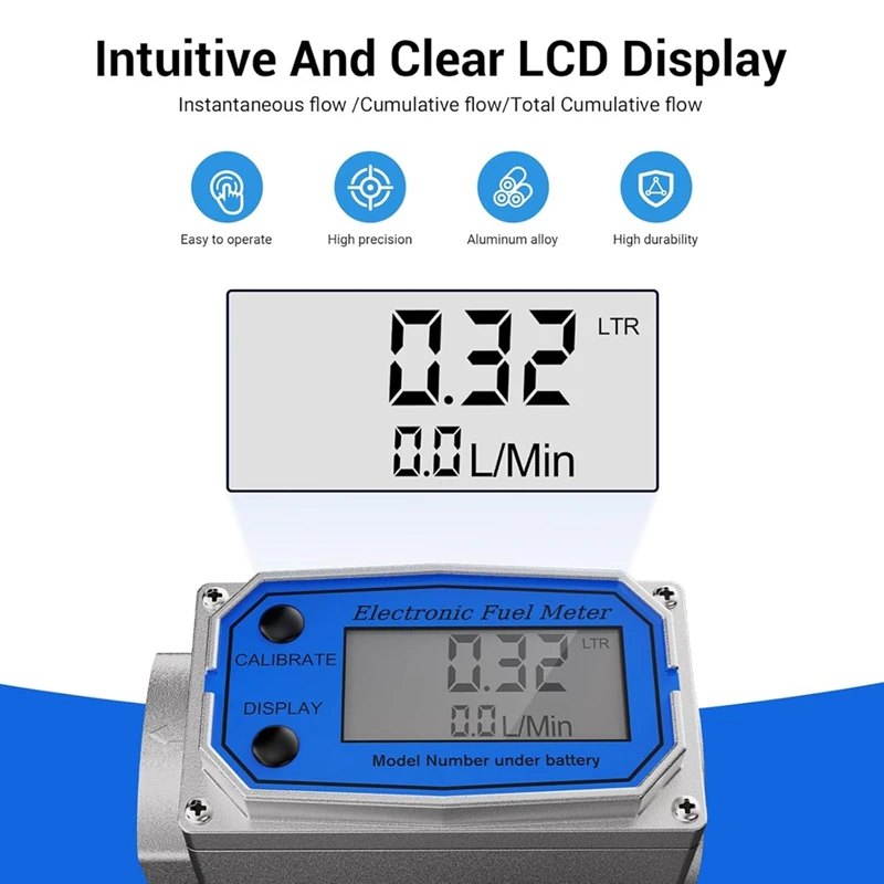1 Inch Fuel Flow Meter With 3/4 Inch Adapters Digital Turbine Flow Meter 2.5-31 GPM Inline NPT Thread Dieselflow