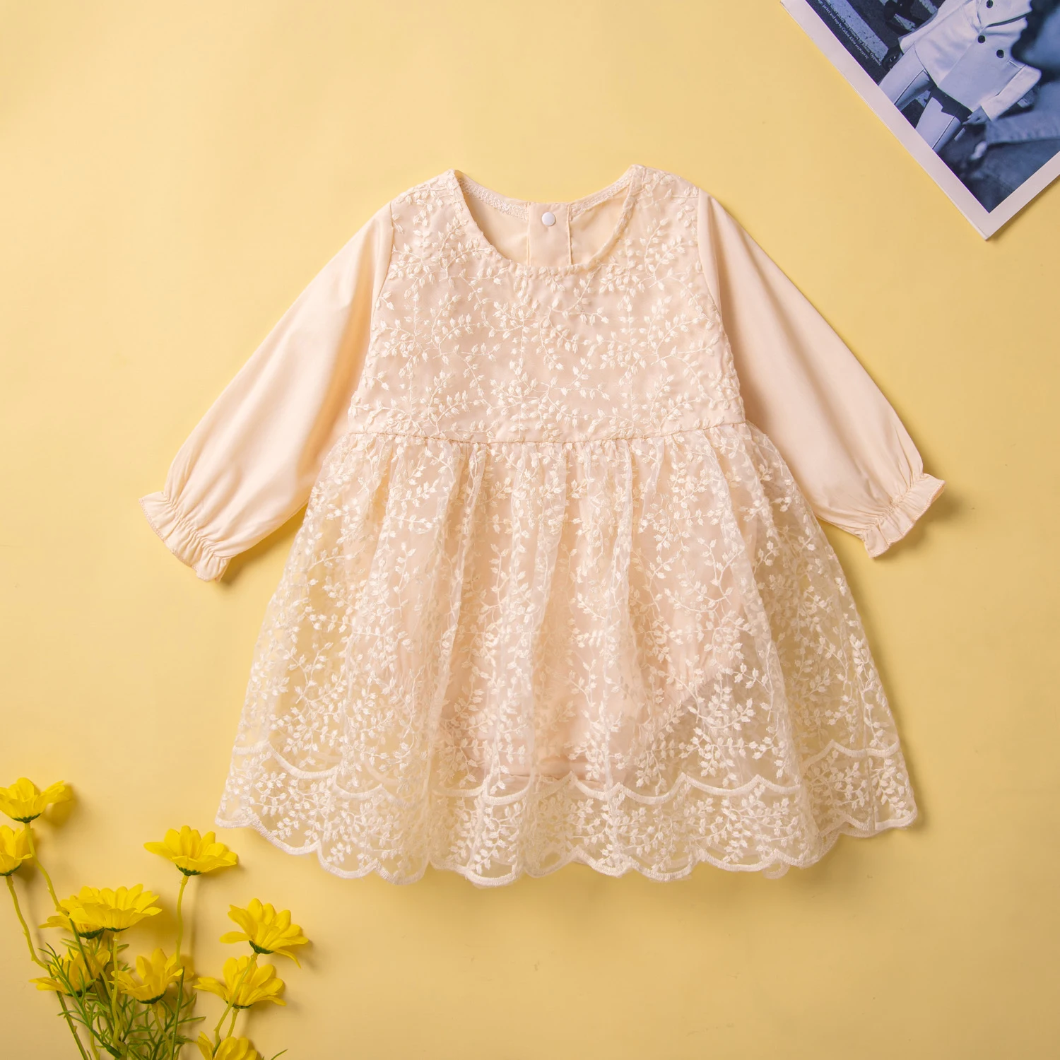 

LAPA 0 to 2 Years Baby Girls Tutu Dress Long Sleeve Solid Lace 1 Piece Crew Neck Spring Princess Dress