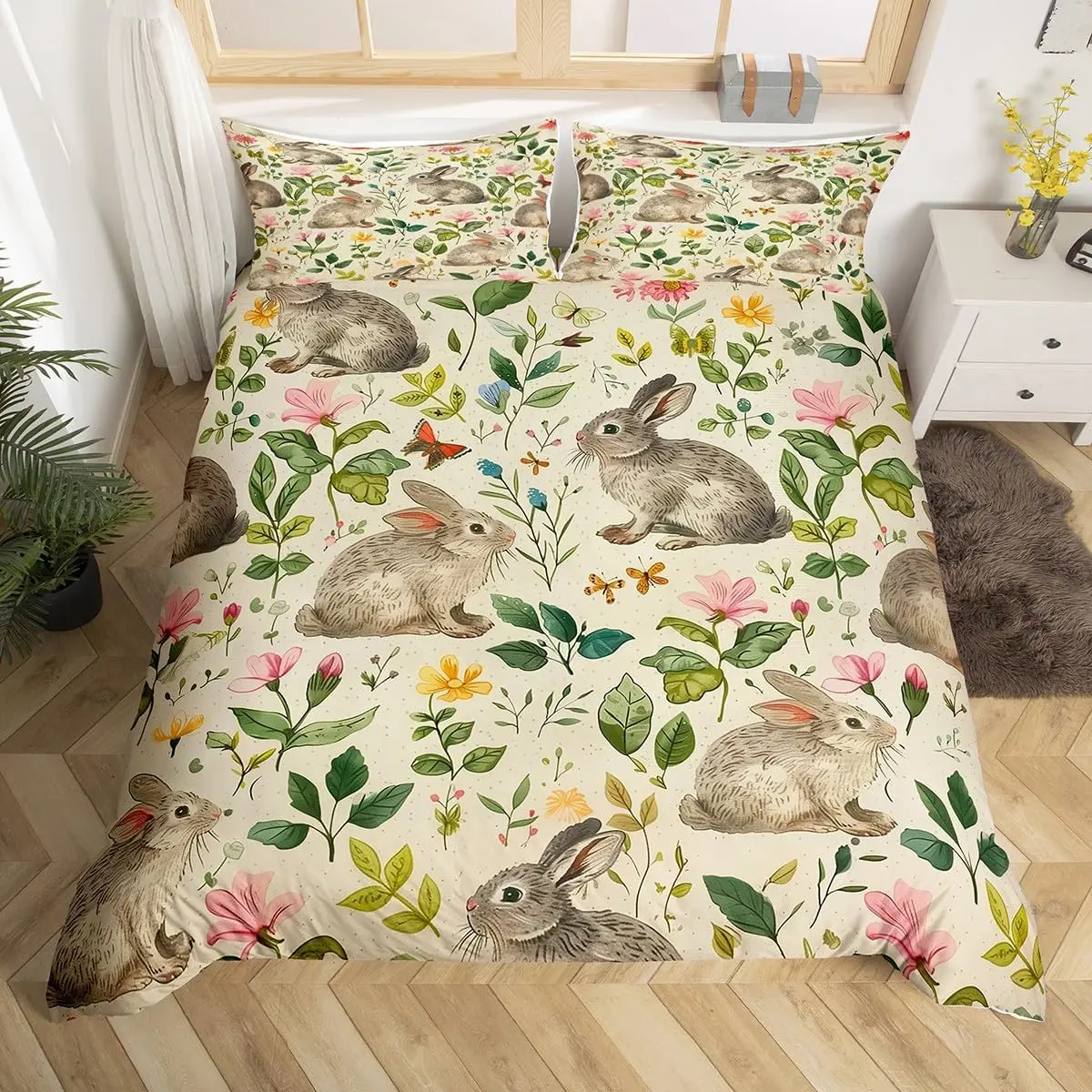 Kawaii Pet Rabbit Duvet Cover Set Full King Spring Botanical Leaves Bedding Set Easter Bunnies Couple Bowknot Print Quilt Cover 5