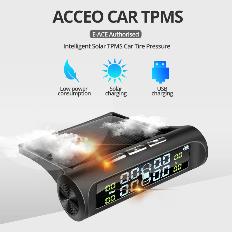 ACCEO Car Safety Tire Pressure Alarm System Solar Power Digital Display Smart Car Tire Pressure Monitoring System 4 TPMS sensor