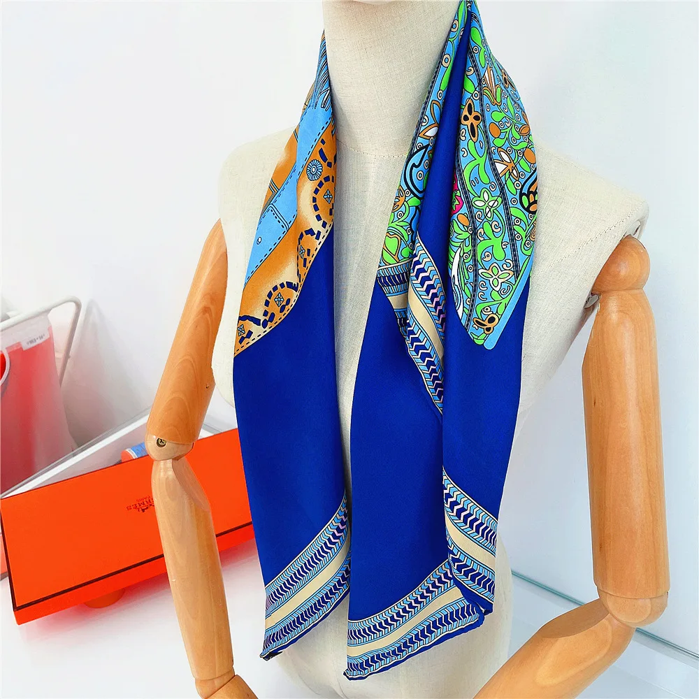 Manual Hand Rolled Twill Silk Scarf Women Saddle Design Square Scarves Echarpes Foulards Femme Wrap Bandana Hijab 90CM 5