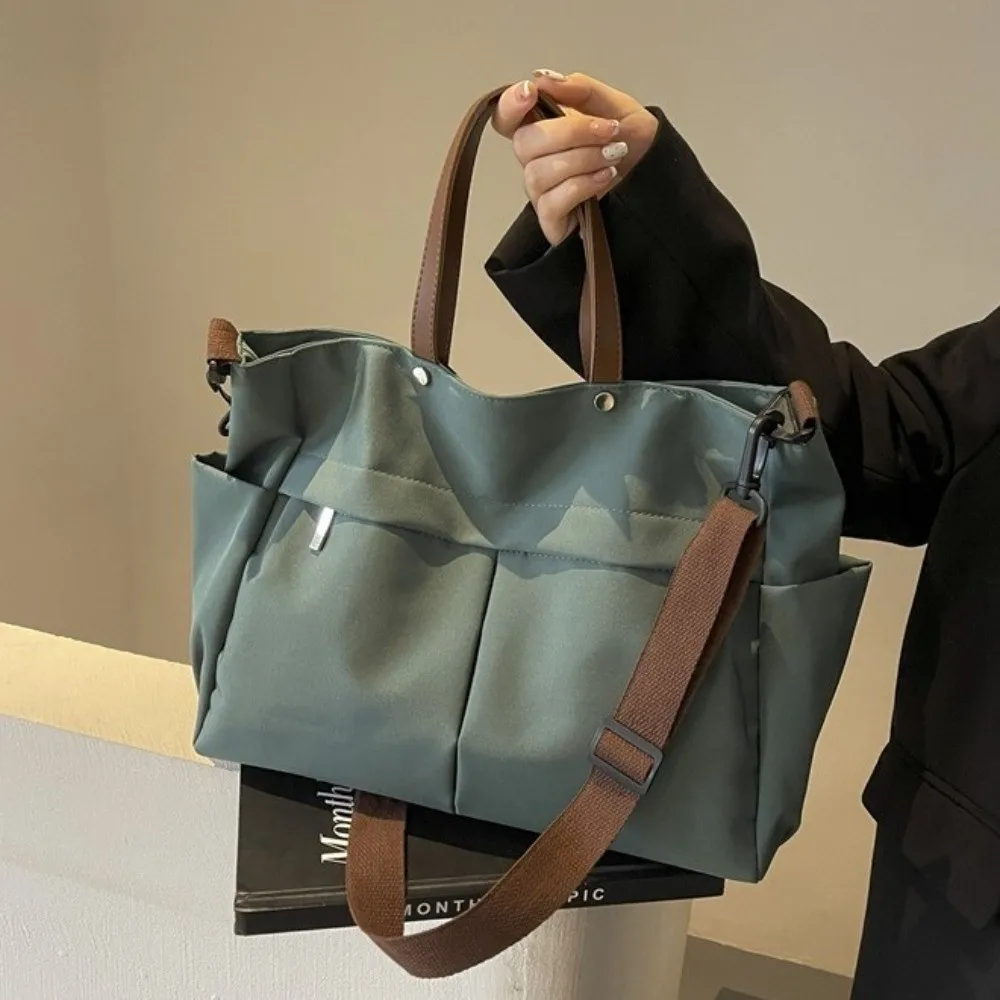 Borsa a Tracolla Elegante da Donna con Due Tasche in Nylon, Borsa per Pendolari Resistente, Monocolore, Grande Capacità, per Viaggi - immagine 5