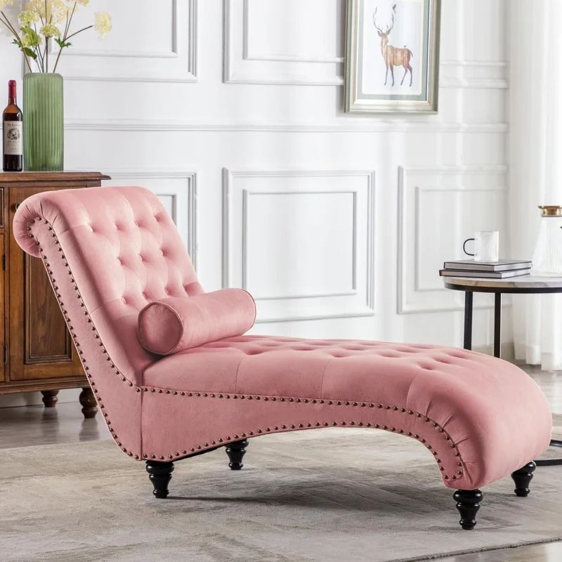 Velvet Button-Tufted Chaise Lounge Chair Leisure Sofa Couch w/Bolster Pillow, Nailhead Trim and Turned Legs for Indoor Living Ro - Image 4