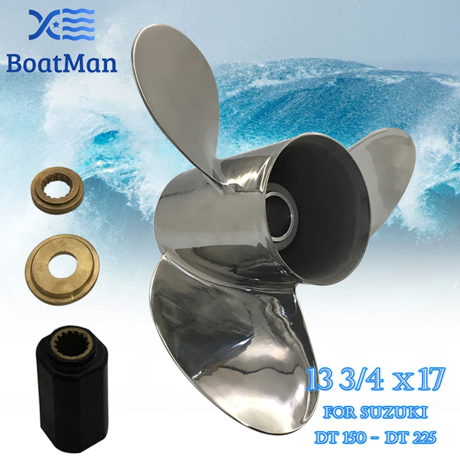 BOATMAN Outboard Propeller 13 3/4X17 For Suzuki Engine DT150-DT225 HP Stainless Steel 15 Tooth Splines Boat Parts SS13-3400-017