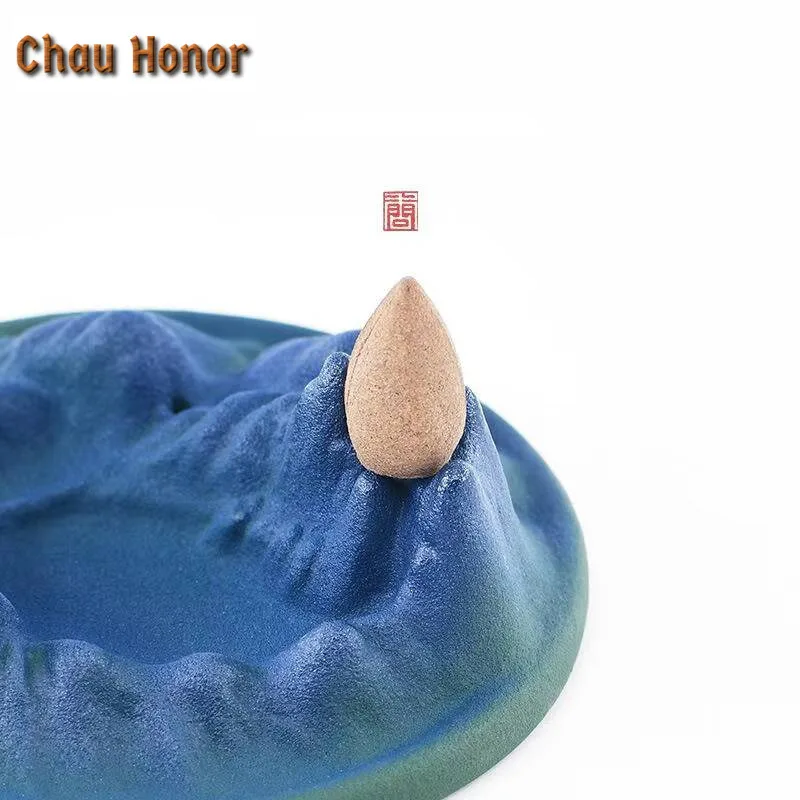 Creative Landscape Ceramic Incense Insertion Bluish Green Glaze Backflow Stove Zen Censer Burner Holder Fragrance Decoration