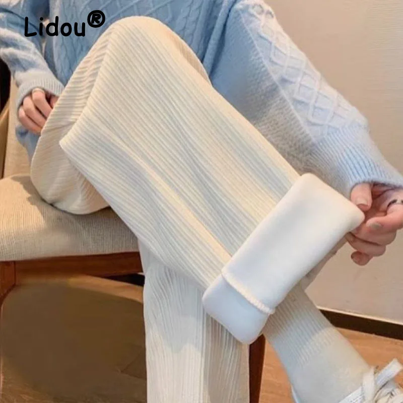 Autumn Winter Solid Color Plus Velvet Casual Pants Korean Fashion Thicken Harajuku High Waist Keep Warm All-match Trend Trousers women winter fleece denim trousers skinny keep warm plush high stretch jeans thick velvet pencil pants full length jeans women