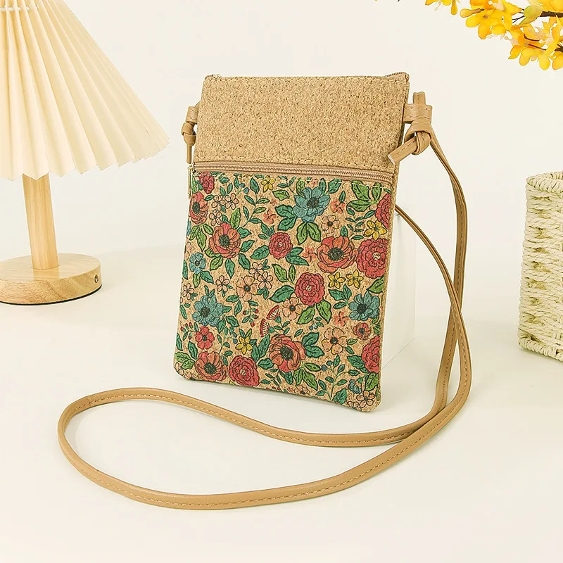 Women's Vintage Print Mobile Phone Bag Wallet Large Capacity Cork Shoulder Crossbody Bag Fashion Phone Pouch Card Holder Purse