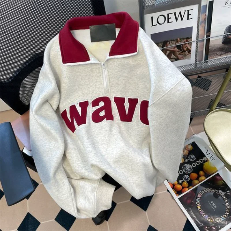 

2022 Vintage Letter Half Zipper POLO Shirt Sweatshirt Women Oversized American Streetwear Winter Clothes Korean Fashion Students
