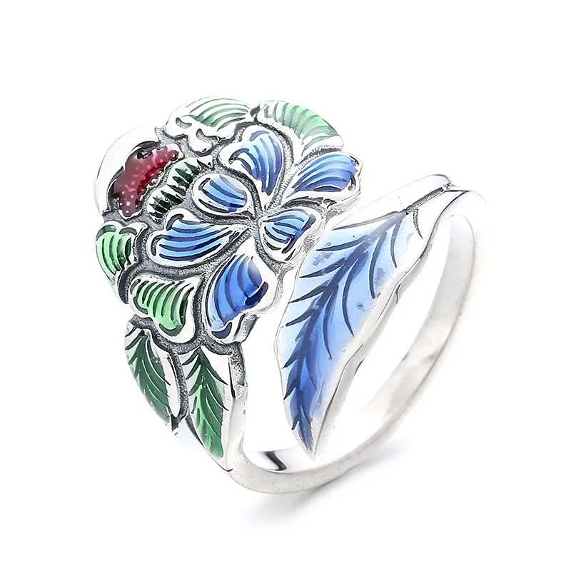

655JM ZFSILVER Silver 925 Fashion Adjustable Retro Luxury Creative Glaze Enamel Peony leaves Ring For Girl Women Wedding Jewelry