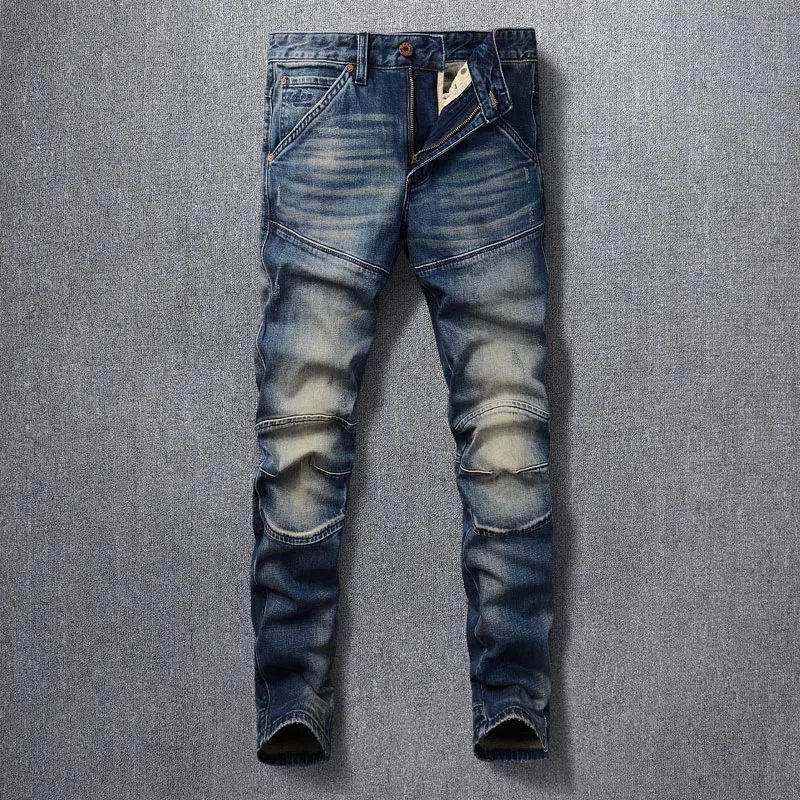 Streetwear Fashion Men Jeans Retro Dark Blue Stretch Slim Fit Spliced Biker Jeans Homme Patched Designer Hip Hop Denim Pants Men