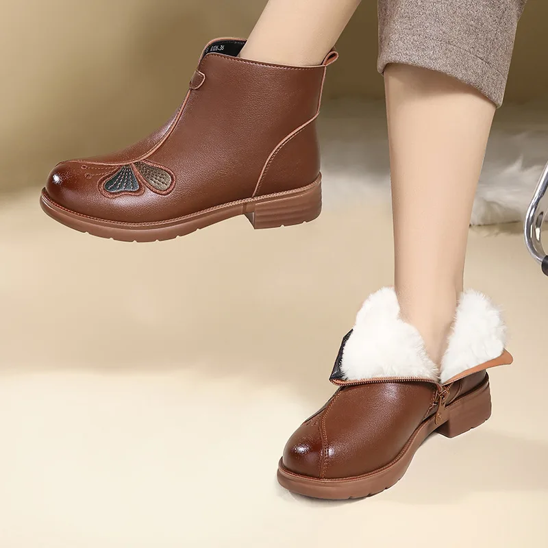 Winter Boots Women Genuine Leather Flat Heels Ankle Boots