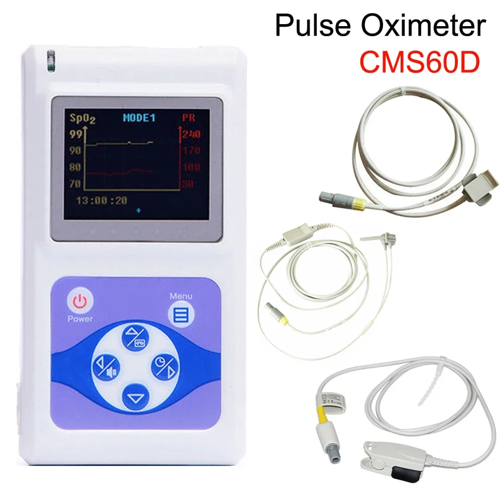 Handheld Pulse Oximeter Blood Oxygen Monitor CMS60D Paediatric SPO2 Clip Probe+Adult SPO2 Clip Probe+Neonatal Wrap Probe
