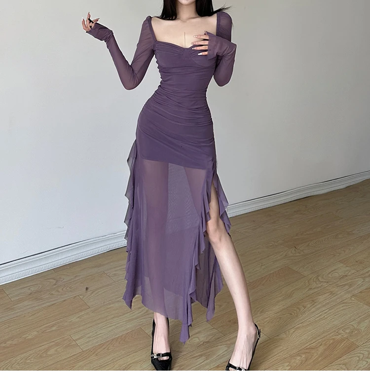 Sexy High Slit Bodycon Midi Dresses for Women Square Collar Long Sleeve Slim Evening Party Dress Club Prom Robe Y2K Vestidos New