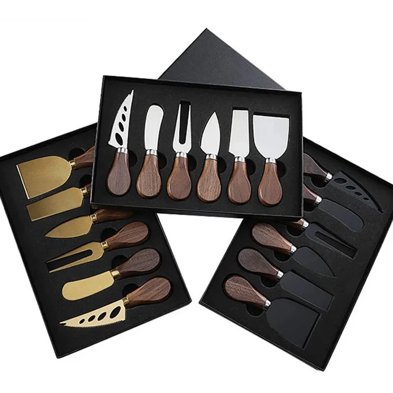Exquisite Cheese Knives Set Stainless Steel Fork Spreader Collection Walnut Handle Cheese Slicer with Gift Box 6/4pcs Cheese Knives Set