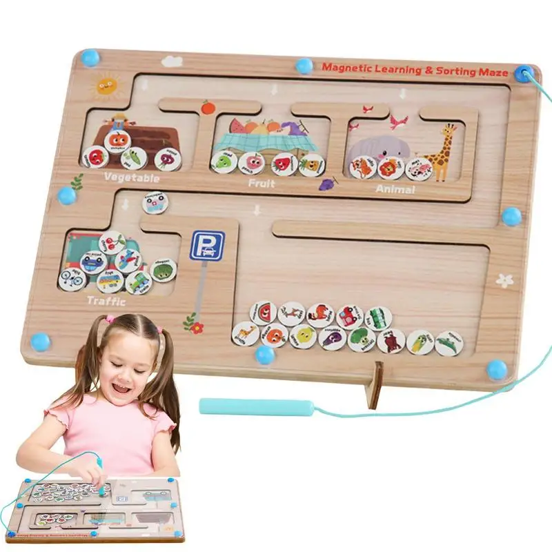 Magnetic Color Maze Learning Theme Early Educational Toy For Outdoors Travel School Home Wooden Puzzle With Animals Cow Rabbit