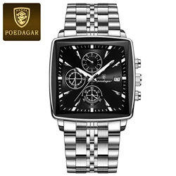 Luxury Square Sport Men's Waterproof Chronograph Wristwatch - Stainless Steel with Luminous Features (866 Silver Black)