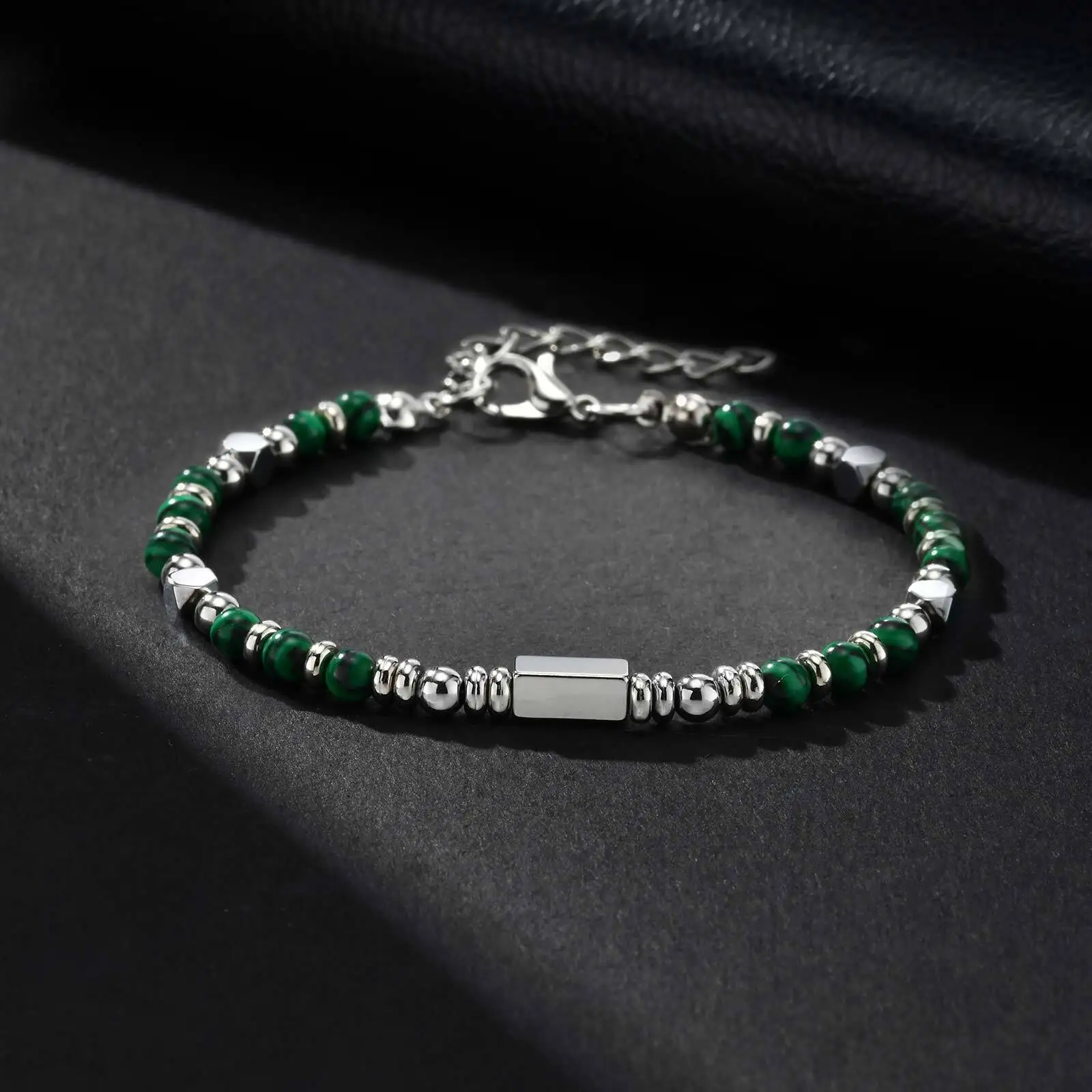 Crystal Wheel Beaded Bracelet for Men Boys,Stainless Steel Tube Natural Stone Wristband,Stylish Bohemian Jewelry Gift