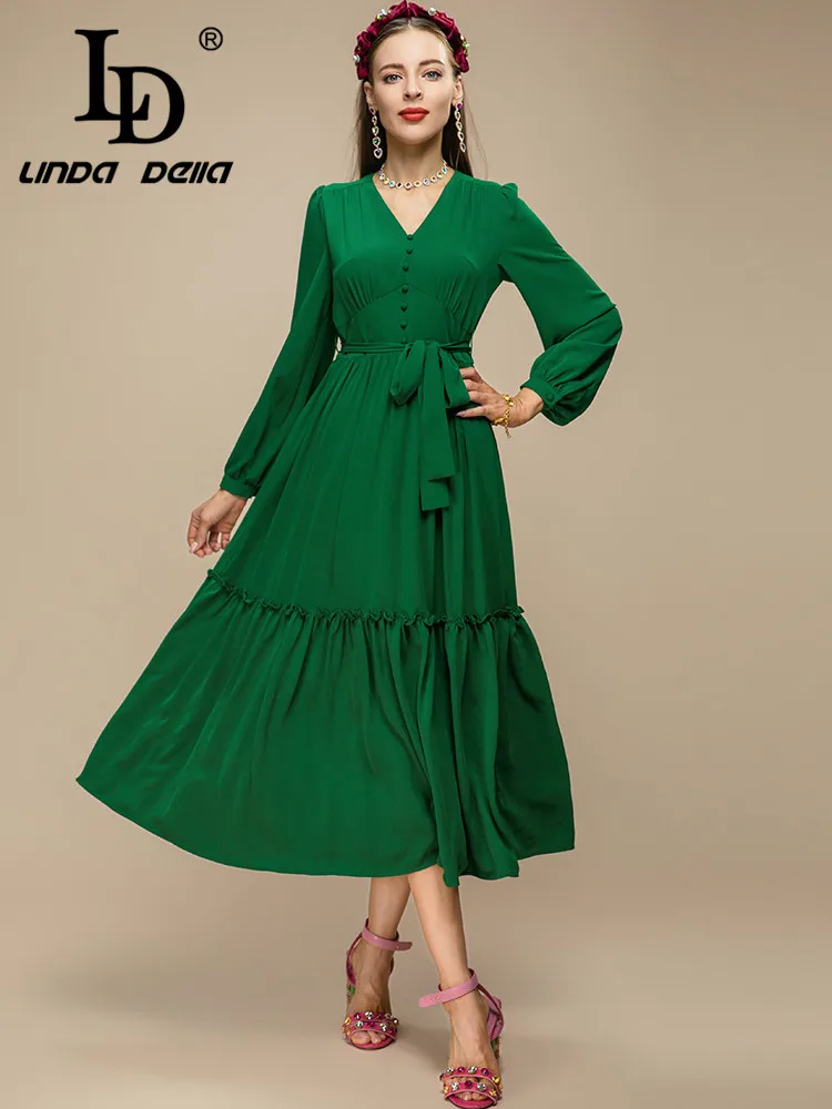 

LD LINDA DELLA 2023 Spring Fashion Designer Dress Women Lantern Sleeve Single Breasted Belted Green Midi Dress