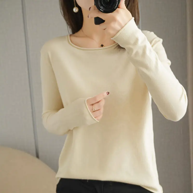 

Fashion O-Neck Solid Color All-match Knitted Blouse Women Clothing 2022 Autumn New Loose Casual Pullovers Tops Office Lady Shirt