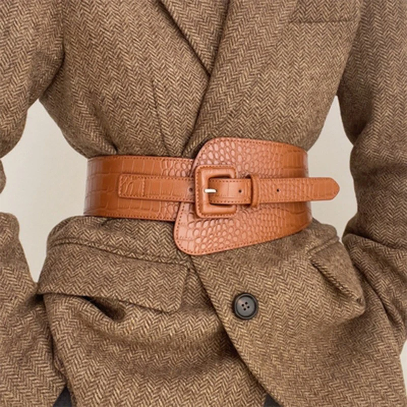 

Crocodile Pattern PU Leather Wide Belt Women Coat Dress Corset Belt 2023 Fashion Luxury Designer Brand Wasit Belts for Women