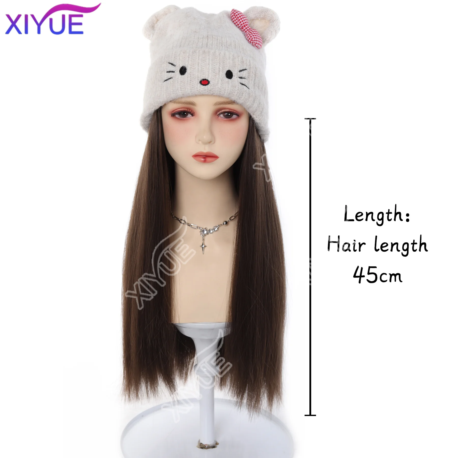 XIYUE Synthetic Long straight hair Cat Ear Lovely Bow Style Winter Knitted Hats Wig Hair Extension heat-resistant For womendaily