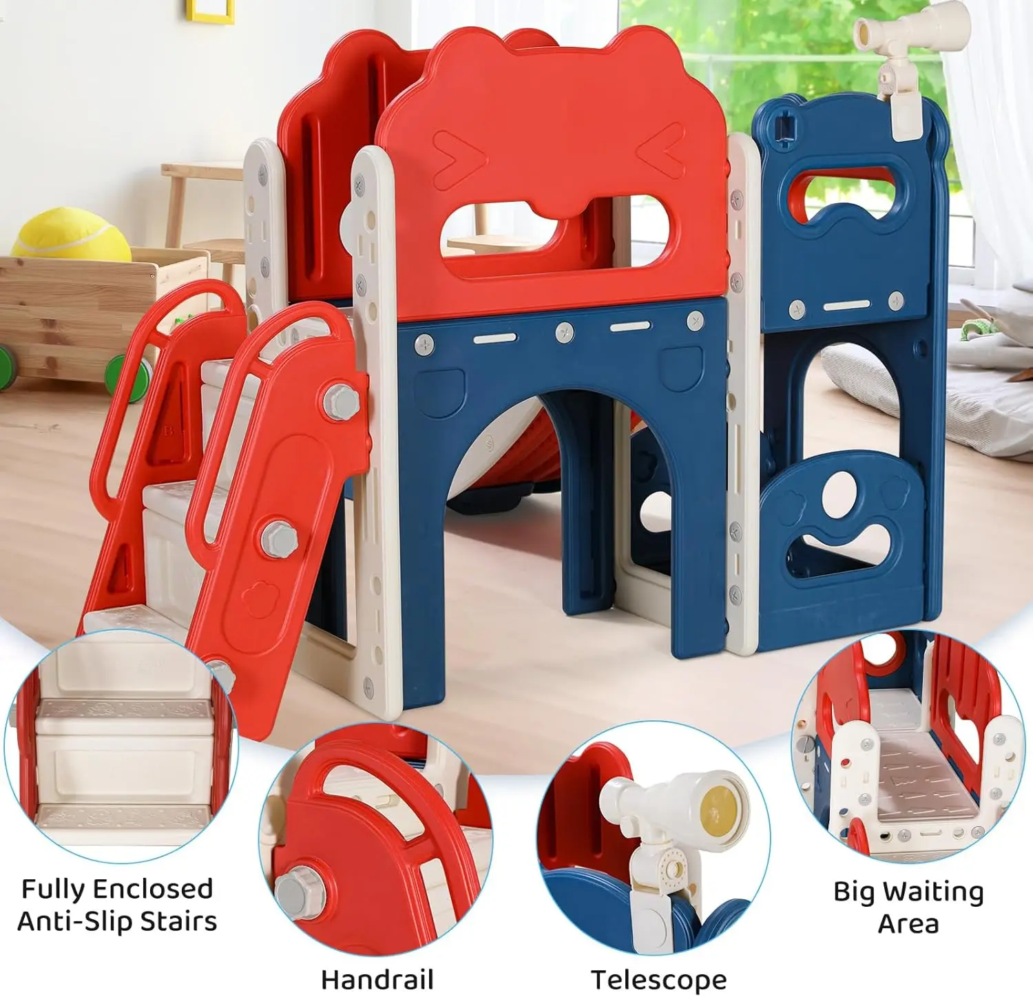 8-in-1 Large Toddler Slide, L-Shaped Kids Slide Long Slope, Baby Climber Slide Playset Enclosed Steps,Telescope,Basketball Hoop 6