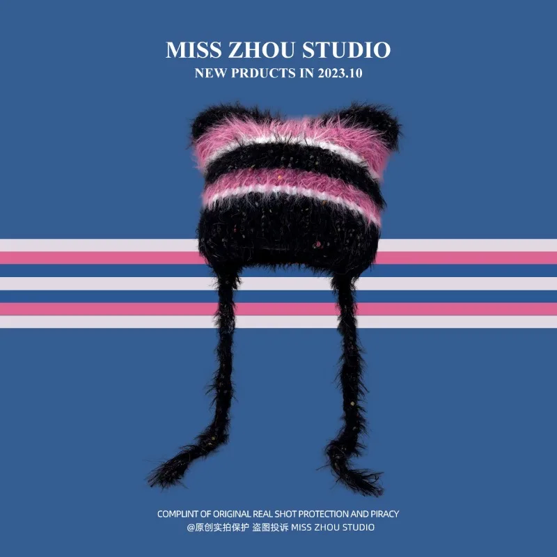 Cat Ear Contrast Stripe Handmade Crochet Plush Hat Children's Cute Ear Protection Warm Imitation Mink Wool Cap in Winter