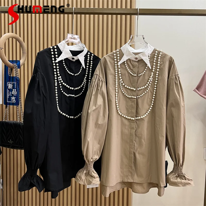 

Fashionable Cotton Heavy Industry Pearl Necklace Mid-Length Bell Sleeve Loose Comfortable Tops Nice Shirts Puff Sleeve Coats