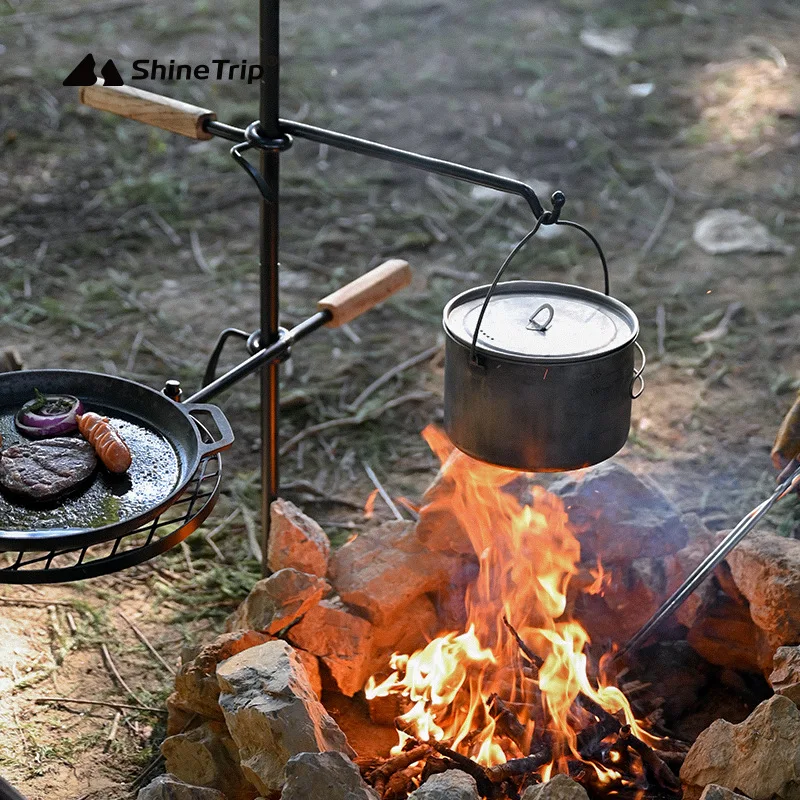 Grille de cuisson rotative feu de camp en fonte avec poignée en bois et  porte-pot