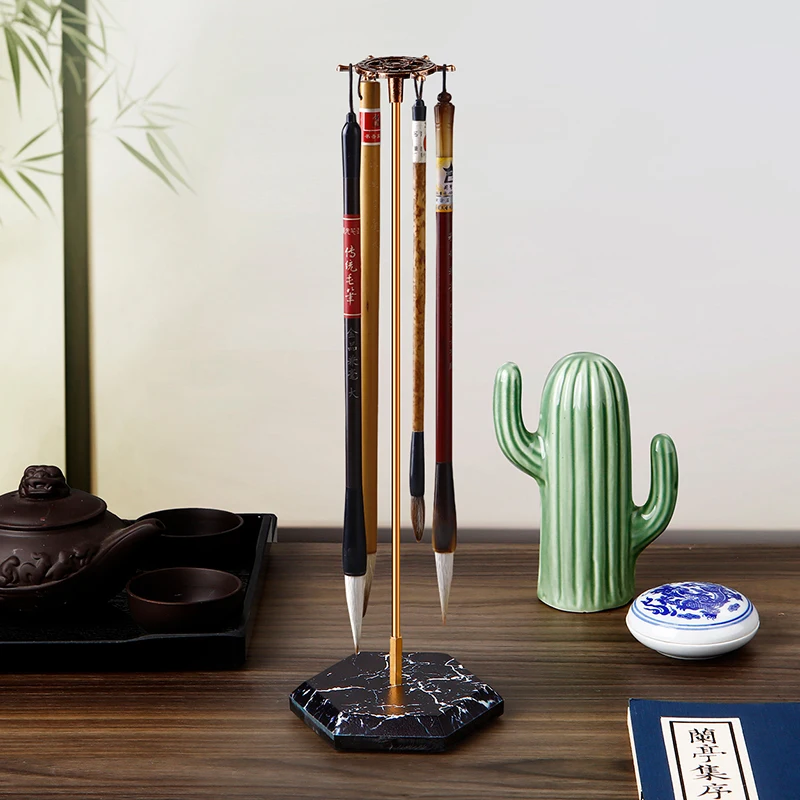 Vintage Metal Rudder Brush Pen Holder with Resin Stone Base Calligraphy Rest Ink Hanger 6 Hooks Writing Brush Holder